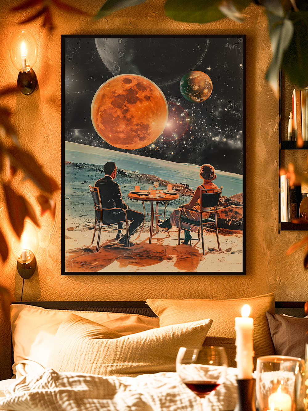 A surreal poster showing a couple sitting at a dining table on a beach, with massive planets and glowing moons dominating the starry sky. The artwork blends romance and cosmic fantasy, displayed in a cozy bedroom with warm lighting, soft bedding, candles, and wine glasses creating an intimate atmosphere.