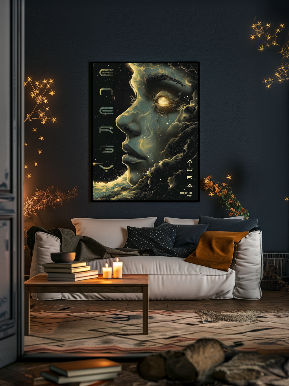 A glowing sci-fi poster of a woman’s face titled “Energy Aura” hangs on a dark blue wall in a cozy, dimly lit living room. The room features a white couch with colorful cushions, candles on a wooden coffee table, and star-shaped fairy lights creating a warm, celestial atmosphere.