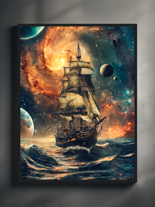 Fantasy space ocean poster showing a vintage sailing ship riding glowing waves beneath a colorful galaxy, planets, and swirling nebula sky.