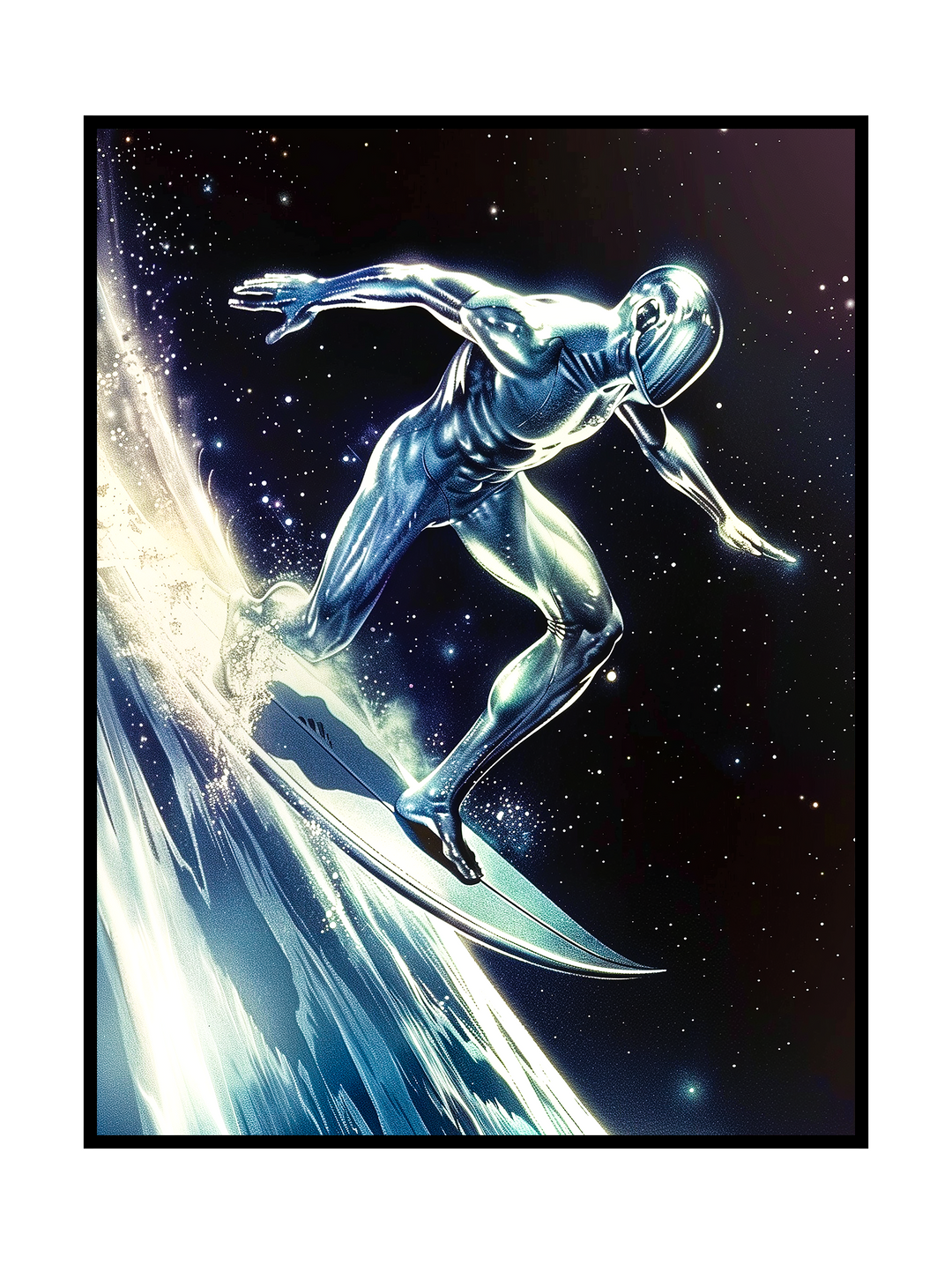 Surreal sci-fi artwork showing a luminous metallic humanoid surfing along a glowing cosmic wave in deep space. The reflective chrome body shimmers with iridescent colors against a star-filled background, evoking themes of freedom, motion, and futuristic space exploration with a clean, minimalist sci-fi aesthetic.