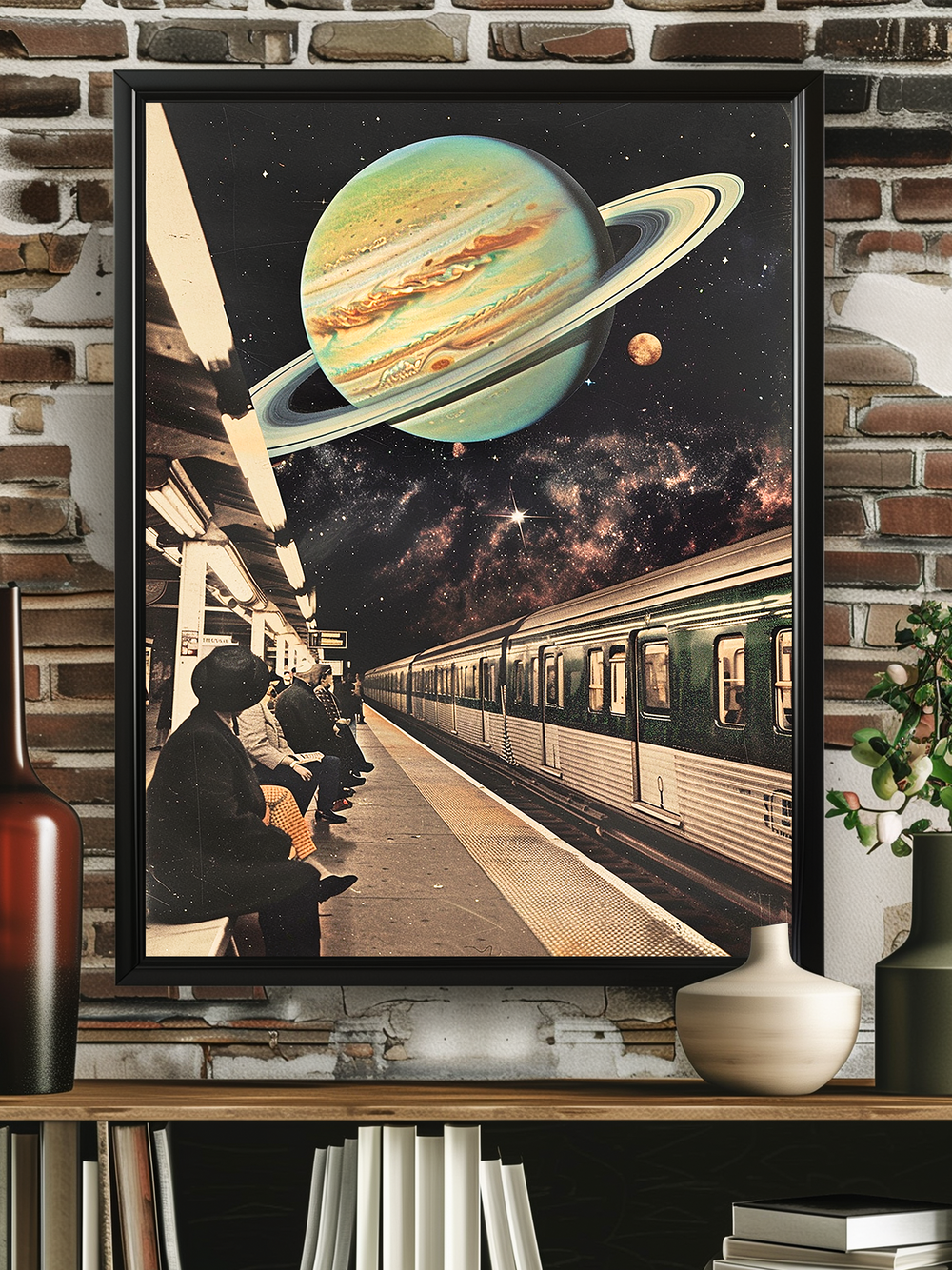 Framed surreal art print of a subway platform beneath Saturn and a starry galaxy sky, mounted on a rustic brick wall above a modern shelf with vases, books, and minimal urban decor.