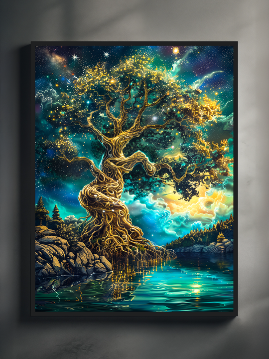 Magical fantasy wall art of a luminous golden tree reflecting in calm turquoise water under a vibrant galaxy night sky filled with stars and glowing clouds.