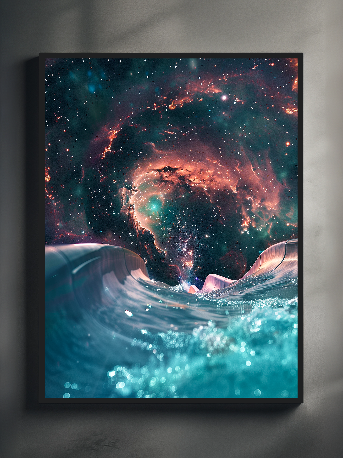Surreal space artwork showing a glowing galaxy vortex above a sparkling blue waterslide, blending cosmic nebula colors with flowing water for dreamy futuristic wall decor.