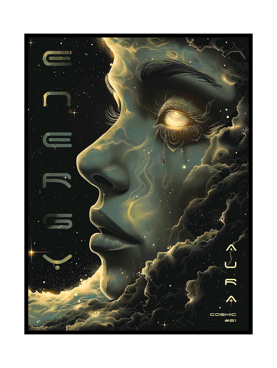 Surreal cosmic artwork featuring a woman’s profile formed from clouds and starlight, with a glowing eye set against a deep space background, blending celestial textures, dreamlike symbolism, and futuristic sci-fi aesthetics.