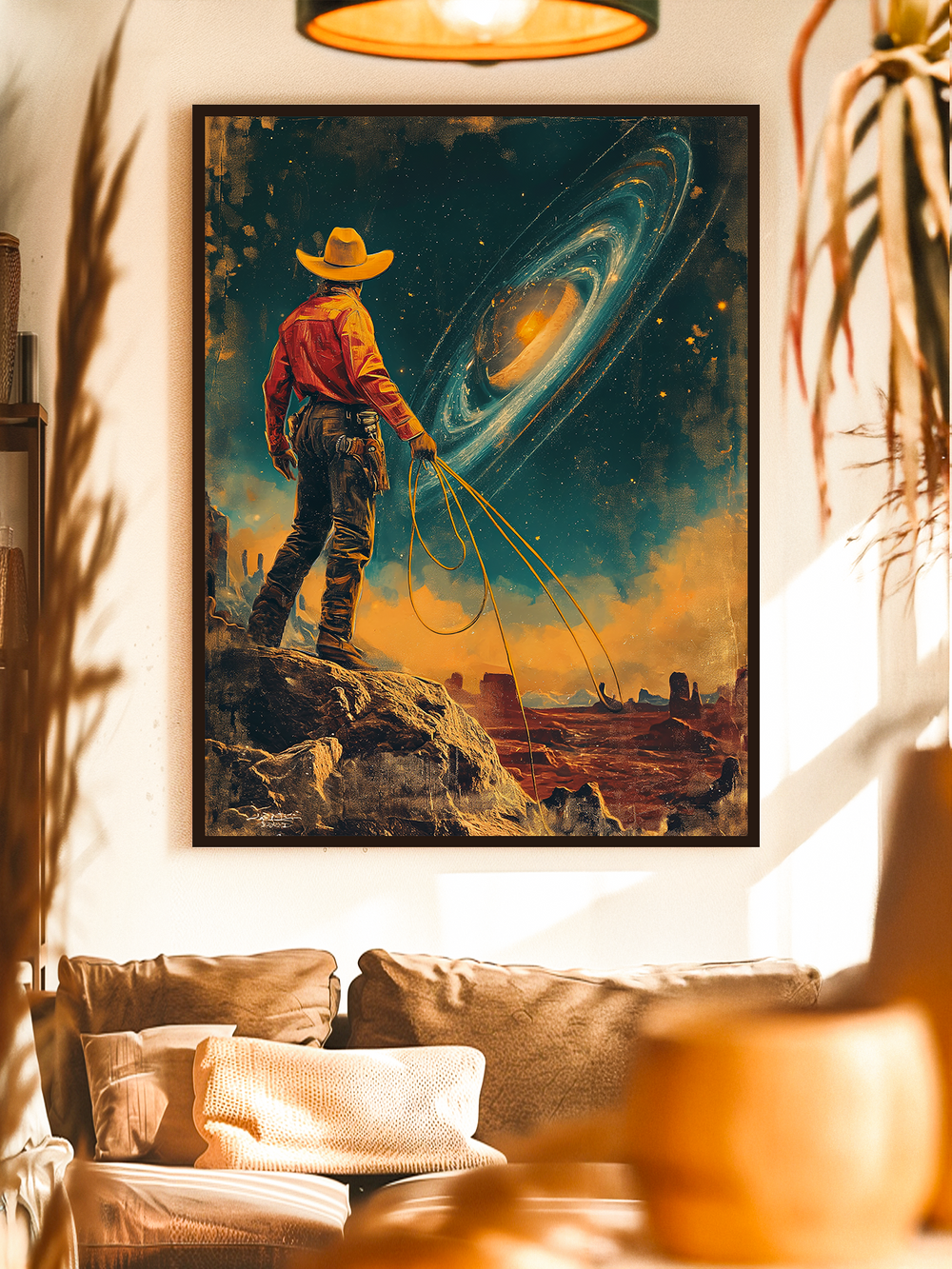 A retro-futuristic sci-fi artwork showing a cowboy in a red shirt and hat standing on rocky terrain, holding a lasso aimed at a glowing spiral galaxy in the night sky. The poster combines western cowboy aesthetics with cosmic fantasy, blending desert landscapes and outer space in a surreal cinematic style.