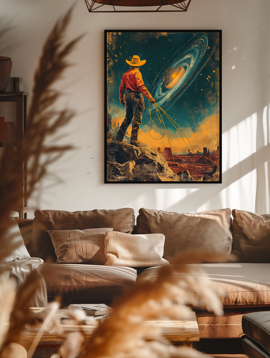Framed surreal cowboy artwork featuring a lassoed spiral galaxy, hanging centered above a beige sofa in a cozy living room, with warm natural light and softly blurred dried plants in the foreground.