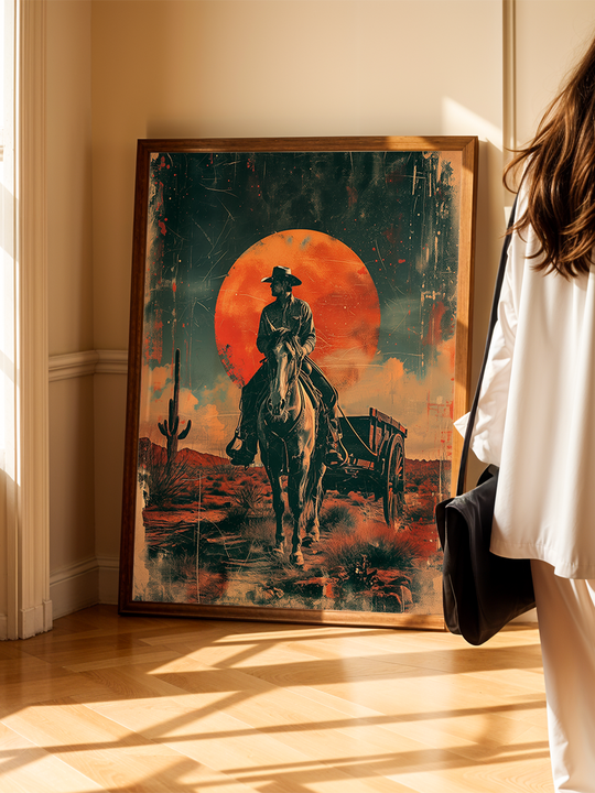 Western-themed poster showing a cowboy on horseback under a red sun, leaning against a light-colored wall in a sun-drenched interior with wooden flooring. A person in white walks past the artwork, adding scale and a modern contrast to the rustic desert imagery.