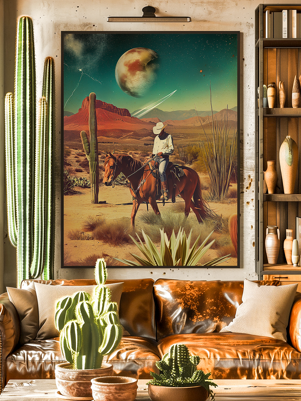 A striking poster showing a cowboy on horseback crossing a desert filled with cacti and red rock formations, under a surreal sky with planets and shooting stars. The artwork blends Western and sci-fi aesthetics, displayed in a warm, rustic living room with leather seating, potted cacti, wooden shelves, and earthy tones.