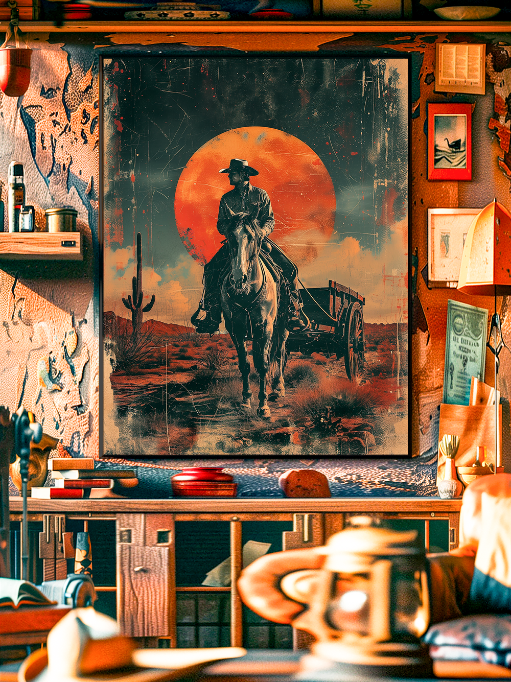 A striking wall art print of a cowboy on horseback against a glowing red desert sunset, displayed in a rustic western-inspired room with wooden shelves, books, and vintage decor.