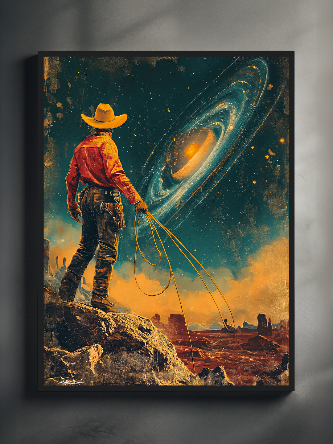 Framed artwork of a cowboy in a red shirt standing on rocky terrain, holding a lasso aimed at a glowing spiral galaxy in the sky, blending Western style with cosmic surrealism.