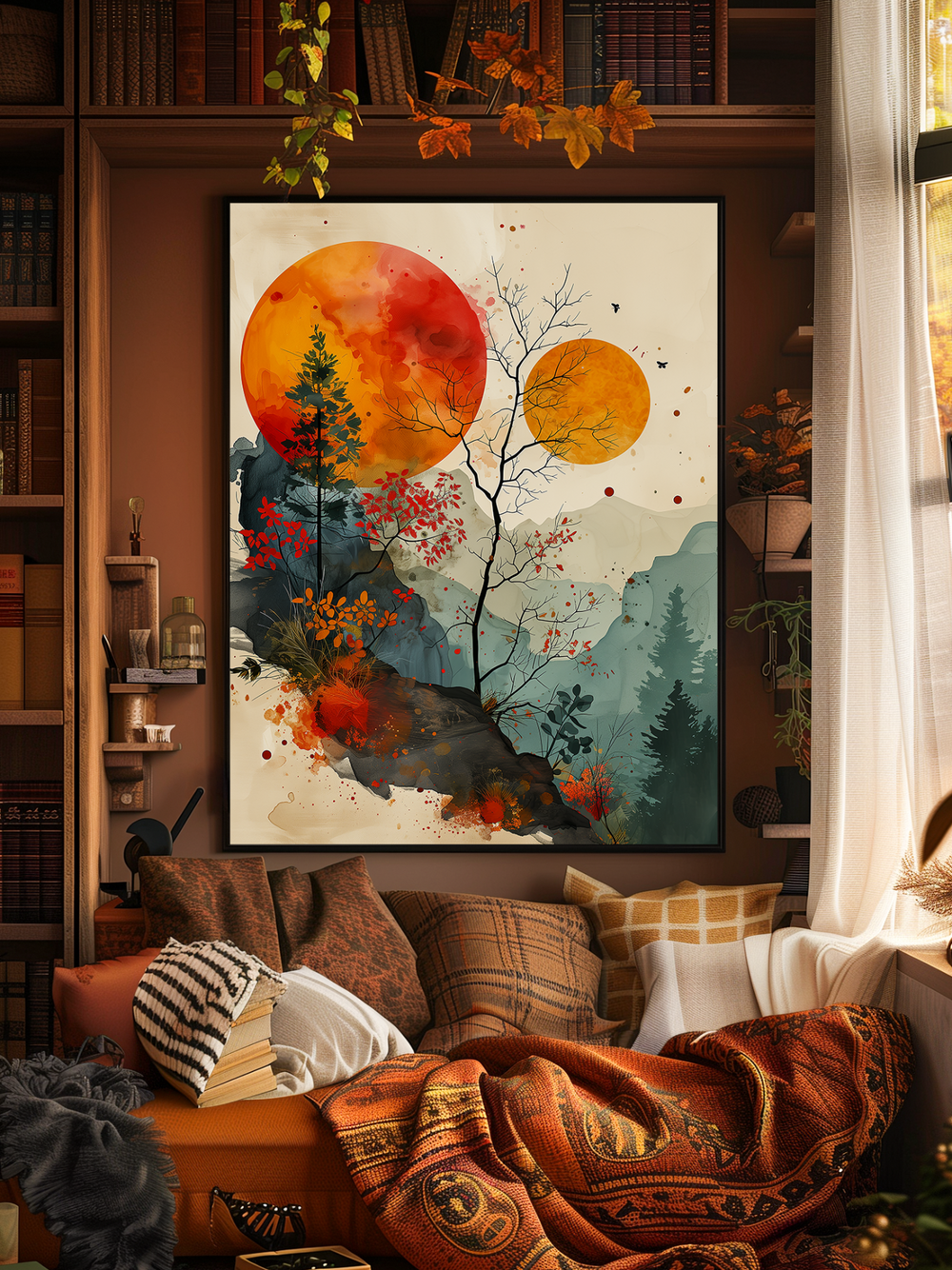 A large framed poster featuring abstract nature art with two orange suns and trees hangs centered above a cozy reading nook filled with warm-toned pillows, blankets, and wooden bookshelves. The room is softly lit by natural light and autumn decorations, creating a warm and inviting atmosphere focused on the artwork.