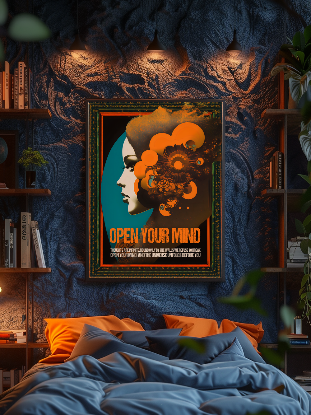 A warm, inviting bedroom featuring a dark blue textured wall with built-in bookshelves on both sides, filled with books and plants. A large “Open Your Mind” psychedelic poster with orange and teal accents is prominently displayed in the center, softly lit by overhead spotlights. The bed has layered blue and muted orange bedding with scattered pillows, and green plants blur in the foreground, adding depth and a calming, meditation-inspired atmosphere.