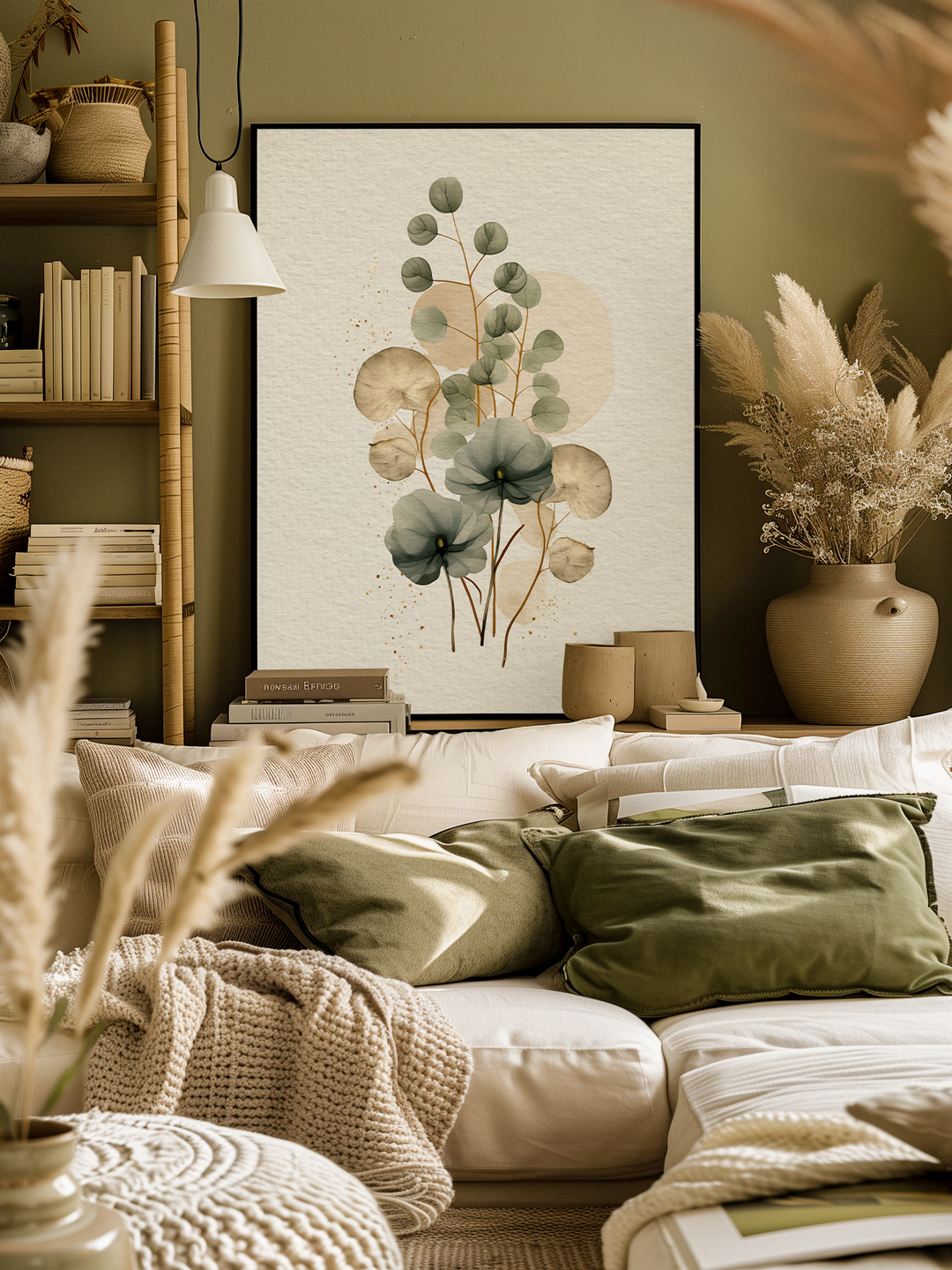 Warm, nature-inspired living room with a white poster in a black frame centered on a muted green wall. The room features a beige couch with green velvet cushions, a chunky knit blanket, and dried pampas grass in ceramic vases. A wooden shelf with books and baskets adds texture, while natural light and blurred foreground elements create soft depth and a relaxing atmosphere.