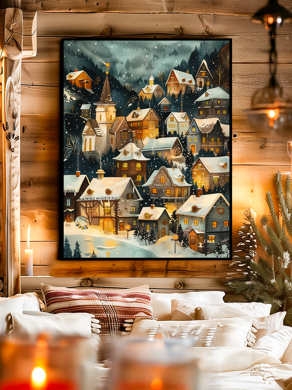 Warm and inviting winter cabin interior featuring a vertical snowy village wall art in a sleek black frame, surrounded by rustic wooden walls, soft lighting, blurred foreground candles, cozy blankets, and festive seasonal decor for a charming holiday atmosphere.