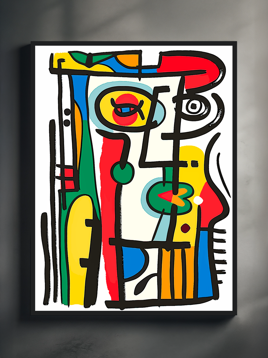 Dynamic cubist abstract art print featuring bold black lines and bright primary colors, framed in a minimalist black frame against a textured light gray wall, creating a modern and artistic atmosphere ideal for creative and contemporary interiors.
