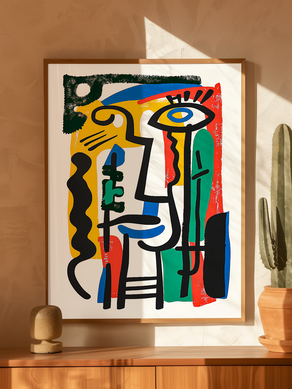 Colorful cubist abstract art poster featuring bold black lines and vibrant primary colors, displayed on a wooden cabinet next to a cactus in a sunlit, artistic interior.