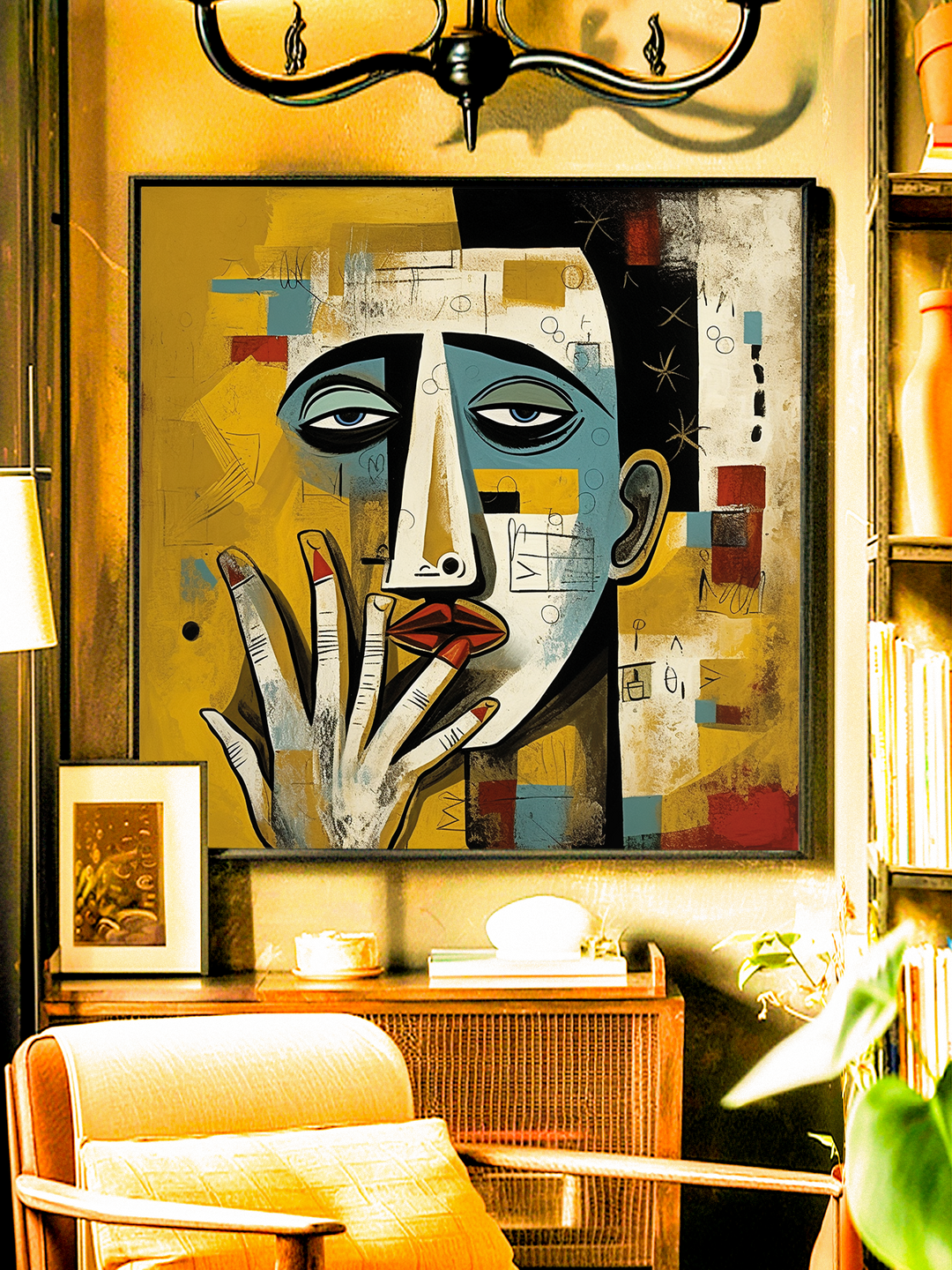 Large cubist portrait with geometric shapes and muted blue red and gold accents displayed in a black framed poster above a rattan sideboard. Warm lamp light and books create a cozy mid century reading nook aesthetic for modern home decor and gallery wall styling.