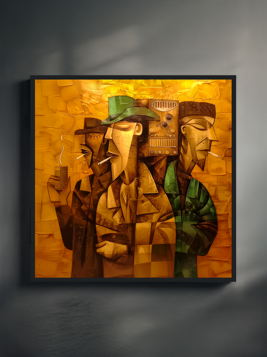 Cubist style artwork showing three men in a smoky bar scene, wearing hats and coats with warm orange tones, green accents, and a vintage jukebox in the background.