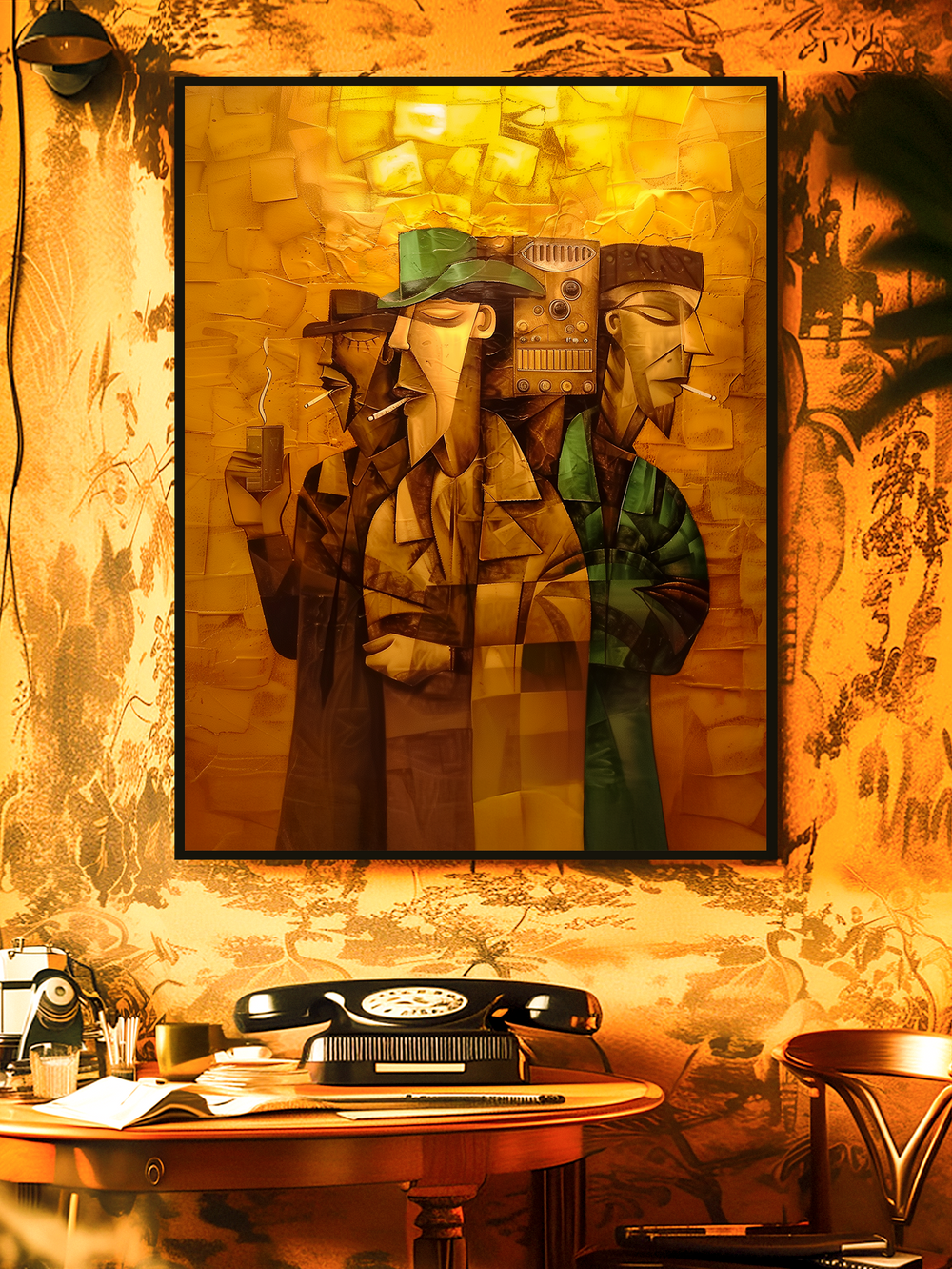 A cubist-style vintage noir poster featuring three stylized men smoking in warm amber and brown hues, blending mid-century textures with abstract modern art aesthetics — perfect for retro interior design and gallery walls.