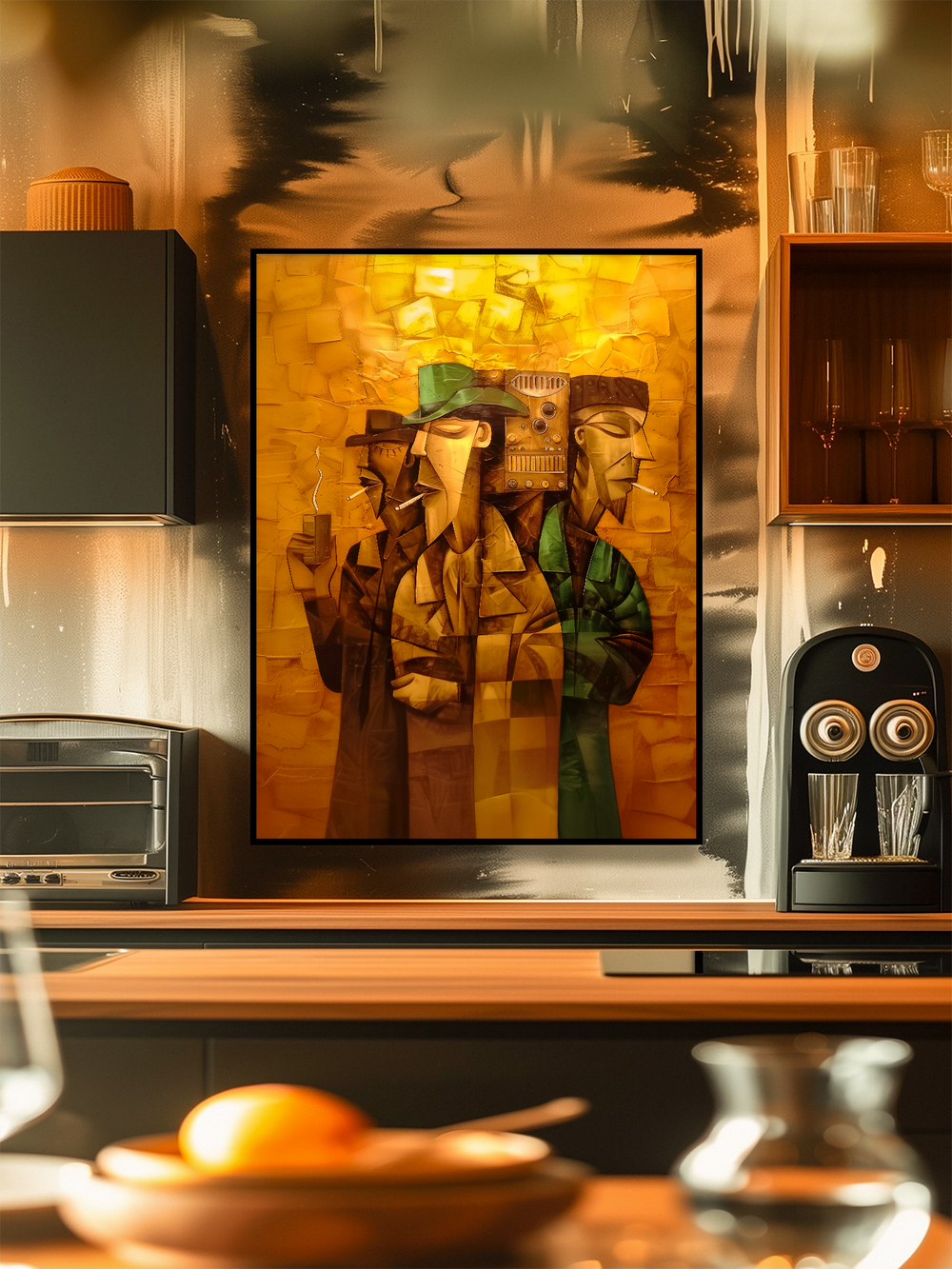 A vibrant, cubist-style poster featuring three abstract figures in brown, green, and yellow tones hangs in sharp focus on a textured metallic kitchen wall. The cozy kitchen includes bar-style details like glass shelves, a modern espresso machine, and a wooden counter. In the softly blurred foreground, a wooden bowl with fruit and a carafe add depth and warmth to the scene.