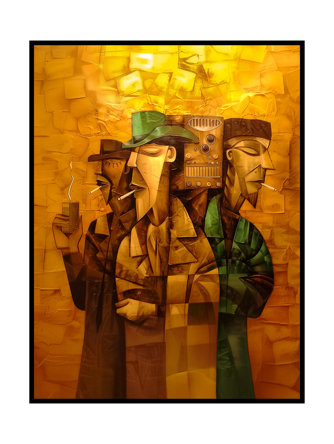 A cubist-style artwork depicting three well-dressed men standing together in a dim bar setting. Wearing hats and long coats, they evoke a classic detective and film noir atmosphere. Behind them, a retro speaker reinforces the vintage mood. Warm ochre, brown, and green tones combine with fragmented geometric shapes and elongated faces, creating a stylish, introspective scene that blends cubism with retro bar culture and timeless elegance.