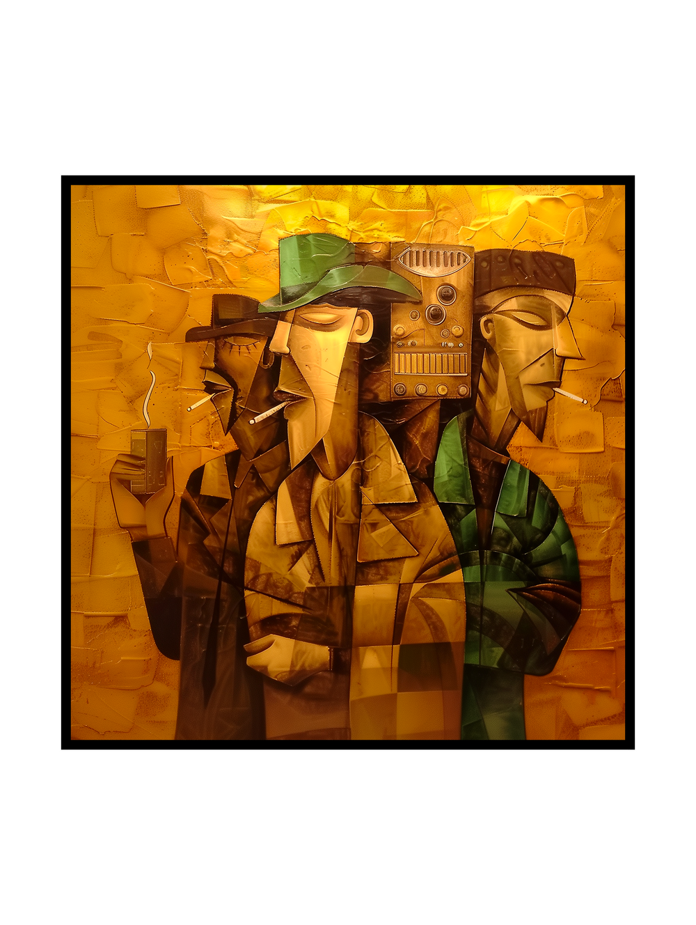 A cubist-style artwork showing three elegant men standing together in a bar-like setting. They wear hats and long coats, evoking a classic film-noir and detective atmosphere. Their elongated faces and fragmented forms are rendered in warm ochre, brown, and muted green tones. A retro speaker behind them enhances the vintage bar mood, while the geometric composition and layered textures emphasize a refined, timeless, and introspective noir aesthetic.