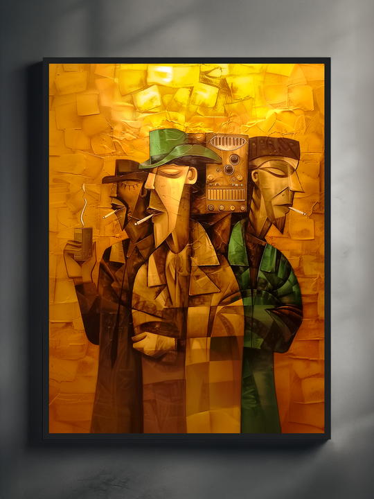 Cubist style illustration of three men standing together in a warm bar setting, smoking and posing in front of a vintage jukebox, in orange and green tones.