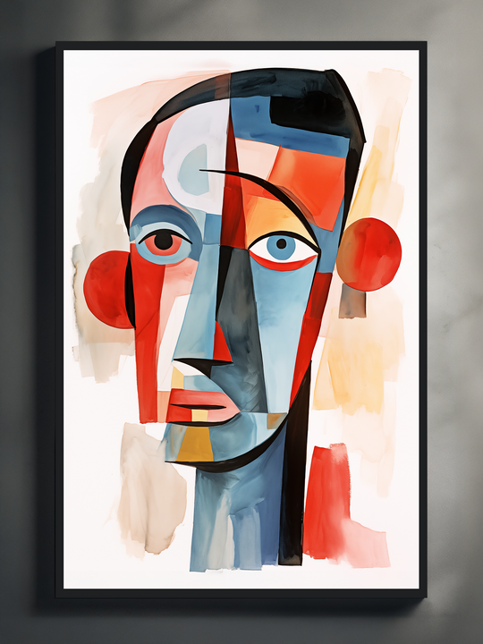 Colorful abstract portrait in cubist style with watercolor textures, featuring bold geometric shapes in red, blue, yellow, and black forming a stylized human face. The artwork is framed in black and presented against a neutral wall, emphasizing the modern artistic composition and expressive brushstrokes.