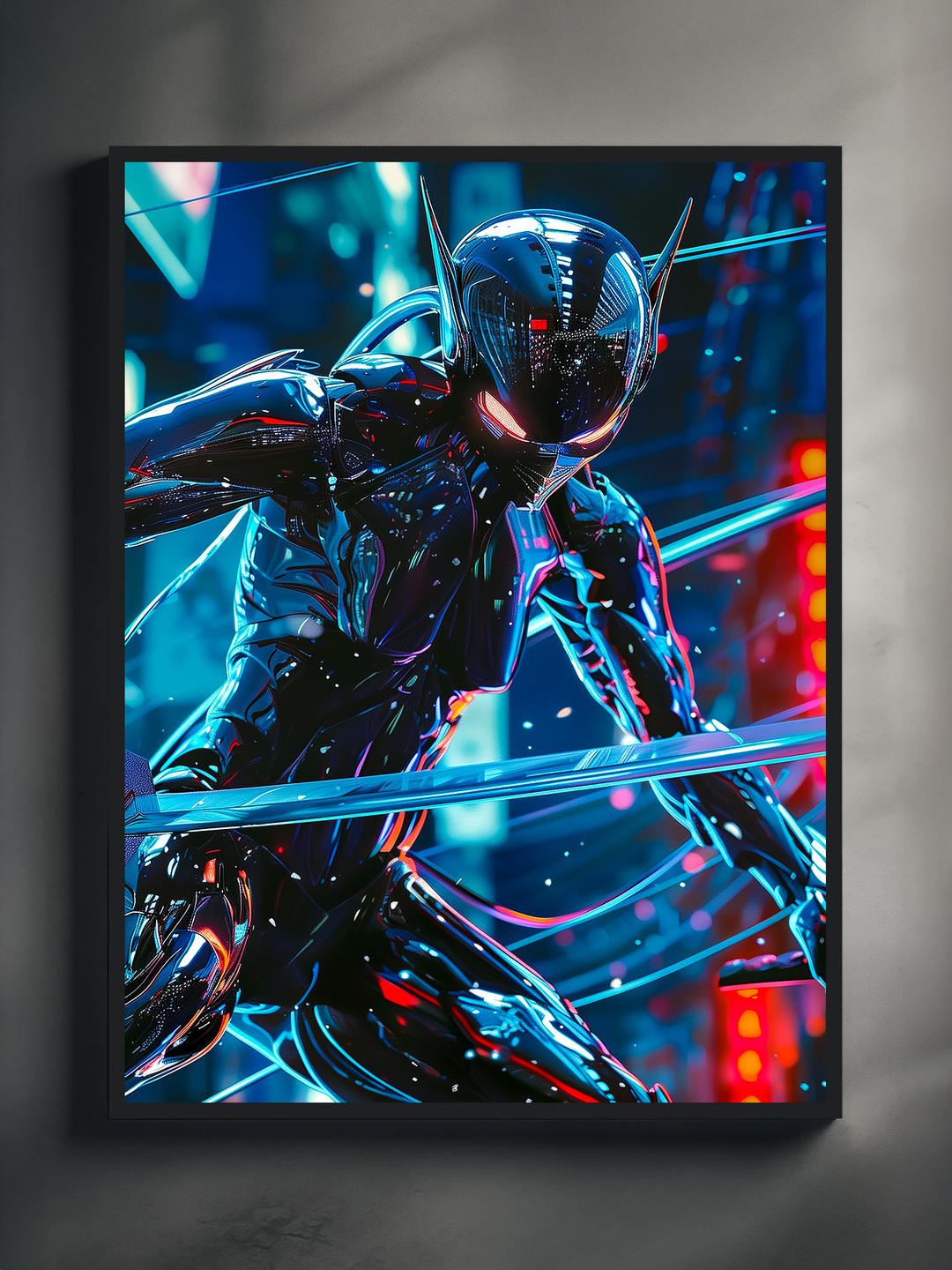 Futuristic cyberpunk action poster in a sleek black frame mounted on a bright textured wall, casting a defined shadow for added depth. The high-contrast sci-fi artwork features a dynamic armored figure with glowing accents, highlighted by a clean and minimal display setting.