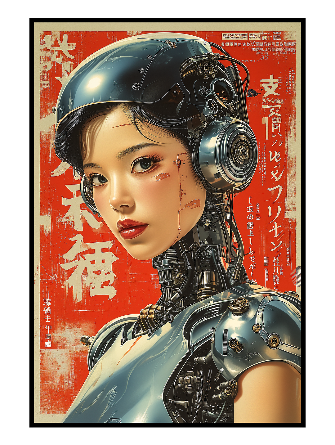 Highly detailed cyberpunk-style illustration of a female android with realistic facial features, exposed mechanical components, and a futuristic headset. The artwork is set against a bold red background with Japanese typography, blending sci-fi aesthetics, retro-futurism, and cybernetic design into a striking, modern digital art poster.