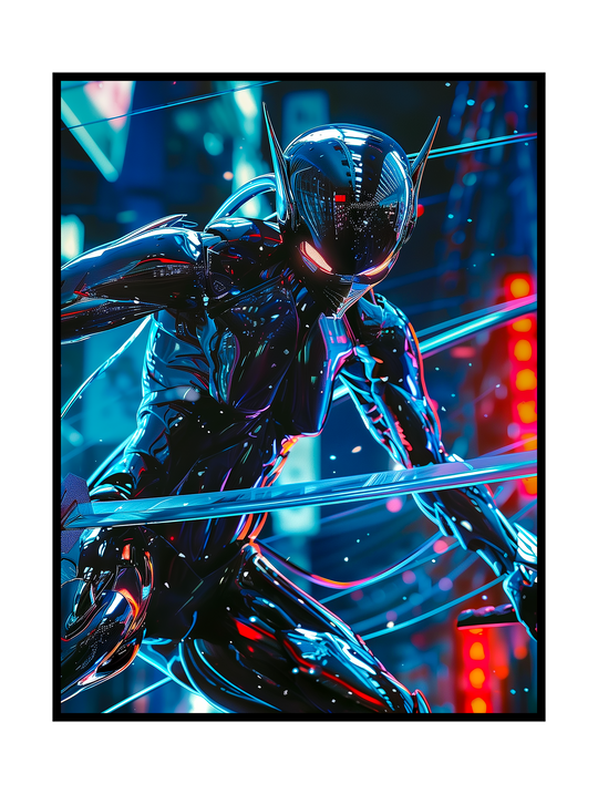 Futuristic cyberpunk artwork depicting a sleek android warrior crouched in a neon-lit cityscape. The figure features glossy black chrome armor, sharp angular design elements, and glowing reflections, creating a dynamic sci-fi atmosphere inspired by high-tech dystopian futures and cybernetic combat aesthetics.
