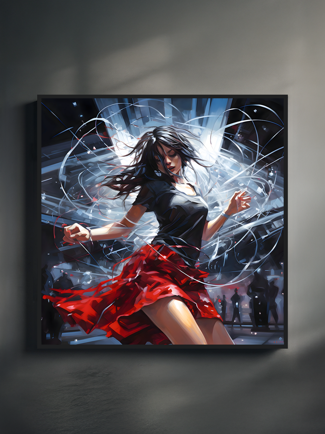 Dynamic cyberpunk wall art showing a woman dancing in a futuristic city club scene, surrounded by glowing light trails, motion blur effects, and vibrant red skirt energy.