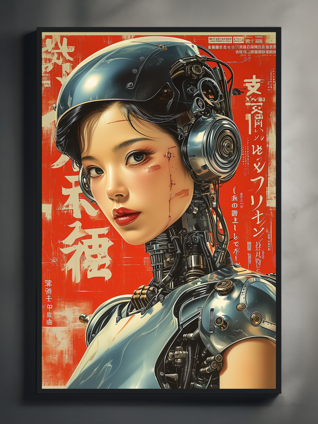 A framed digital artwork of a futuristic female android with a metallic body and a reflective black helmet. The detailed cybernetic components are set against a vibrant red background filled with Japanese text. Mounted on a dark wall, the poster combines sci-fi realism and manga-inspired aesthetics, creating a bold, high-tech visual impact.