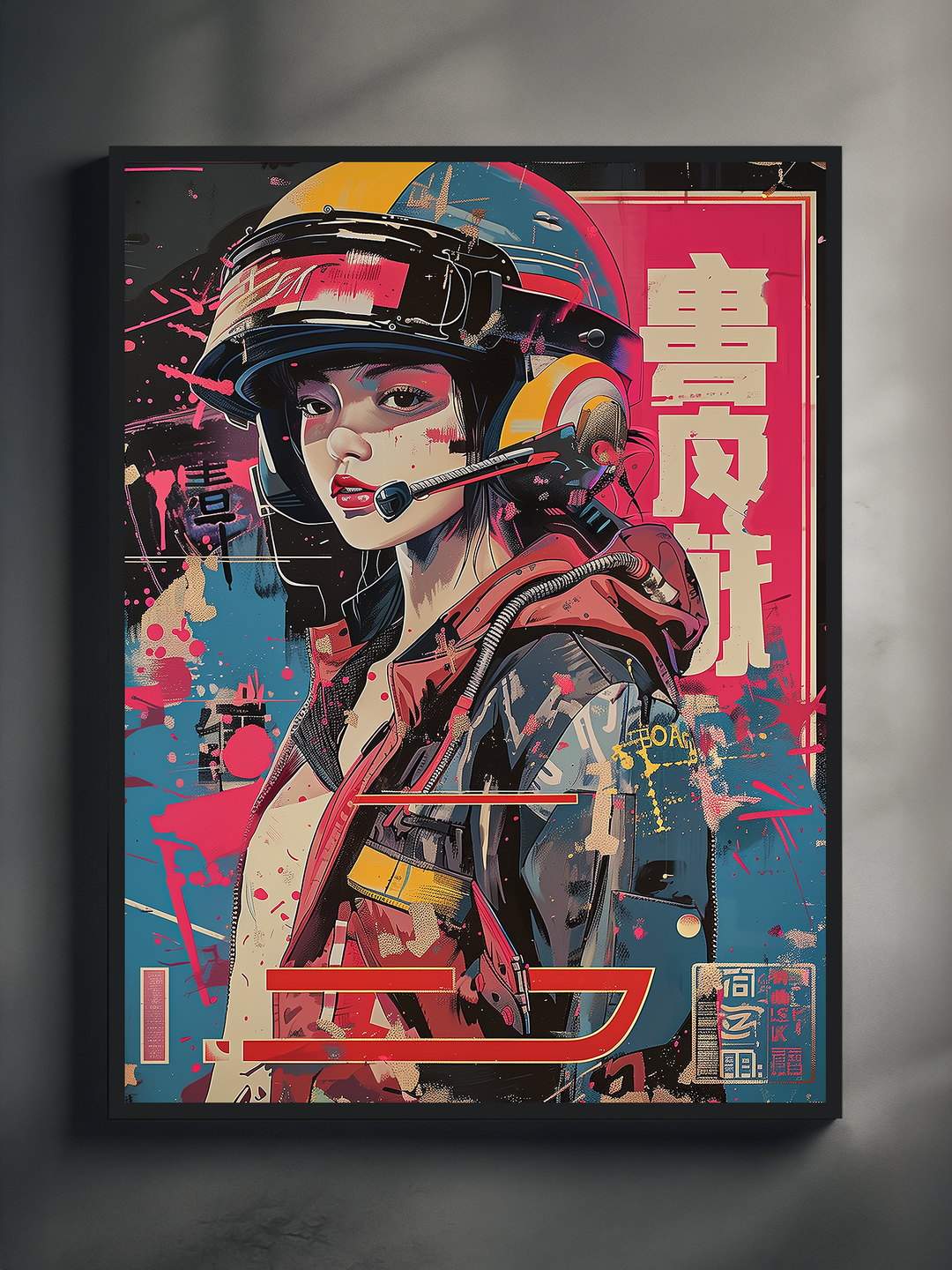 Close-up of a cyberpunk-themed female pilot artwork featuring a vibrant helmet, bold neon graffiti elements, and Japanese text, framed in black and placed against a simple industrial wall background.