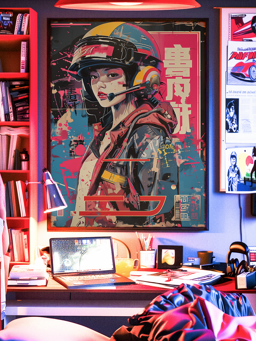 Striking Japanese cyberpunk wall art featuring a female pilot samurai with helmet and headset, bold neon splashes, kanji typography, and a cozy gamer desk room aesthetic. Ideal modern wall decor for bedrooms, studios, and creative spaces.