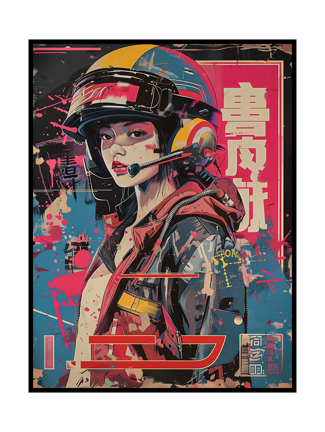 Stylized cyberpunk portrait of a young woman wearing a futuristic motorcycle helmet and headset, set against a gritty urban background with bold Japanese typography, neon accents, splatter textures, and layered graphic elements. The artwork combines street-art energy with sci-fi aesthetics, creating a modern dystopian atmosphere inspired by futuristic city culture.
