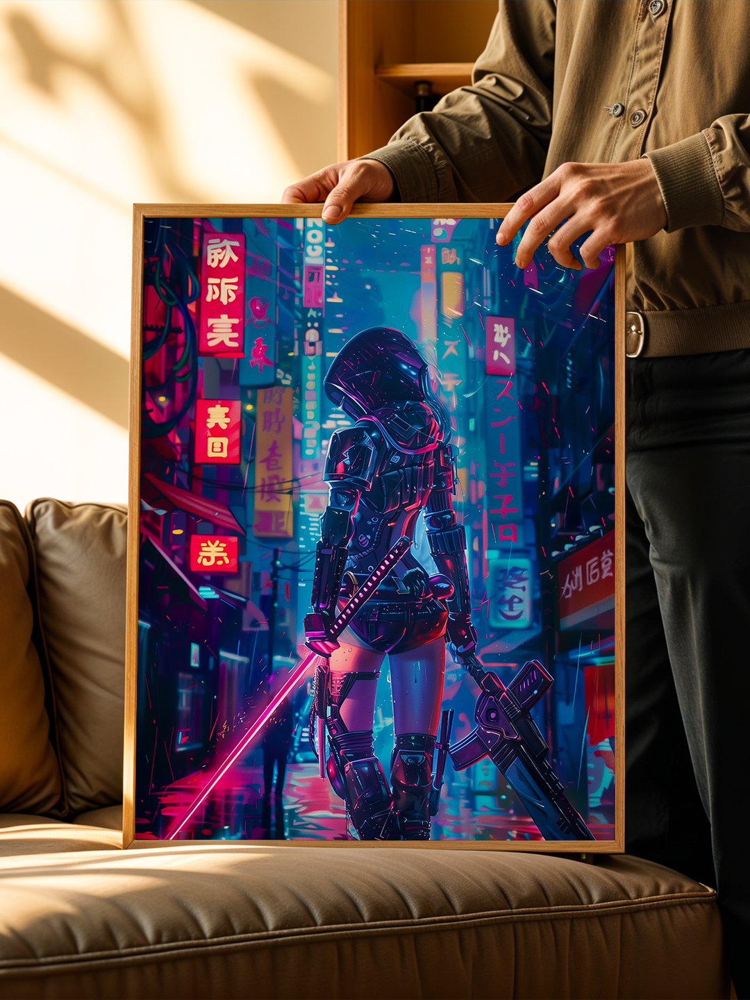 Futuristic cyberpunk artwork with neon city lights and armored girl holding sword, framed and held above a beige sofa in a warm, sunlit modern living space.