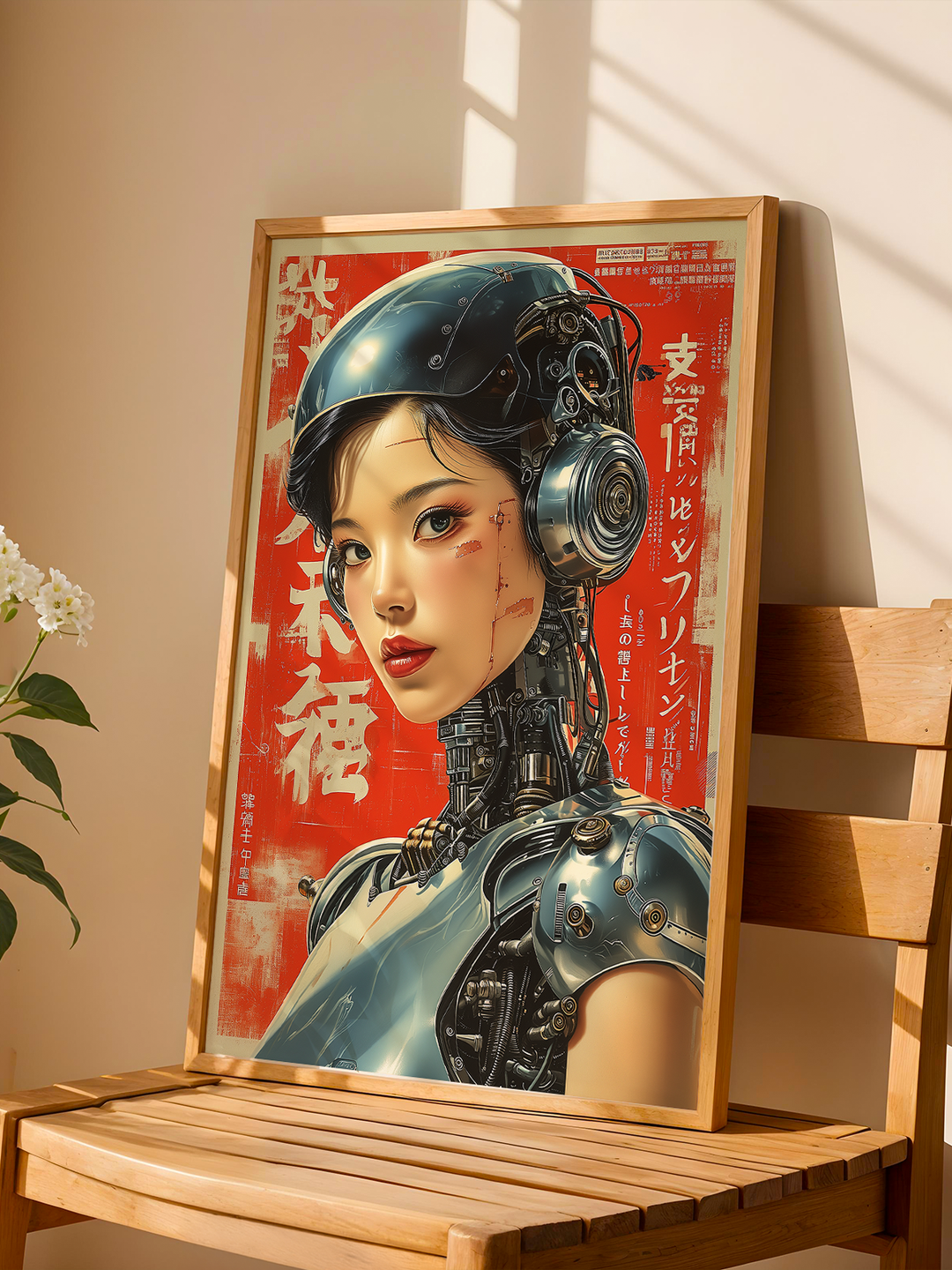 A framed portrait of a female android with a realistic face and detailed cybernetic body resting on a wooden chair. The robot features metallic components, wiring, and a glossy black helmet. Set against a red background with white Japanese characters, the artwork blends sci-fi futurism with elegant feminine beauty, placed in a sunlit corner with a minimalist, natural interior.