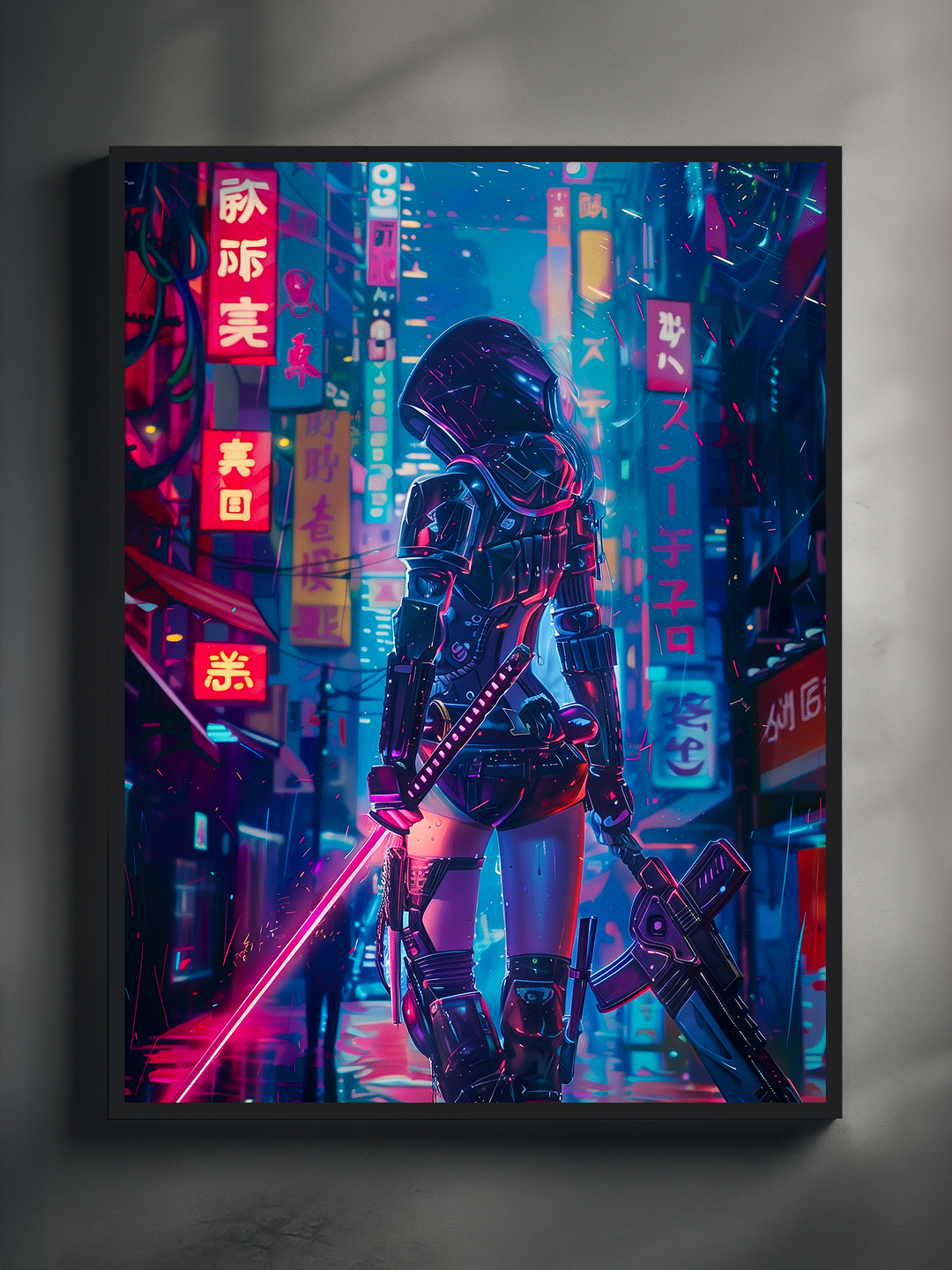 Close-up view of a cyberpunk girl holding a neon sword and weapon, walking through a rainy neon-lit city street, captured in a sleek black frame on a modern wall.