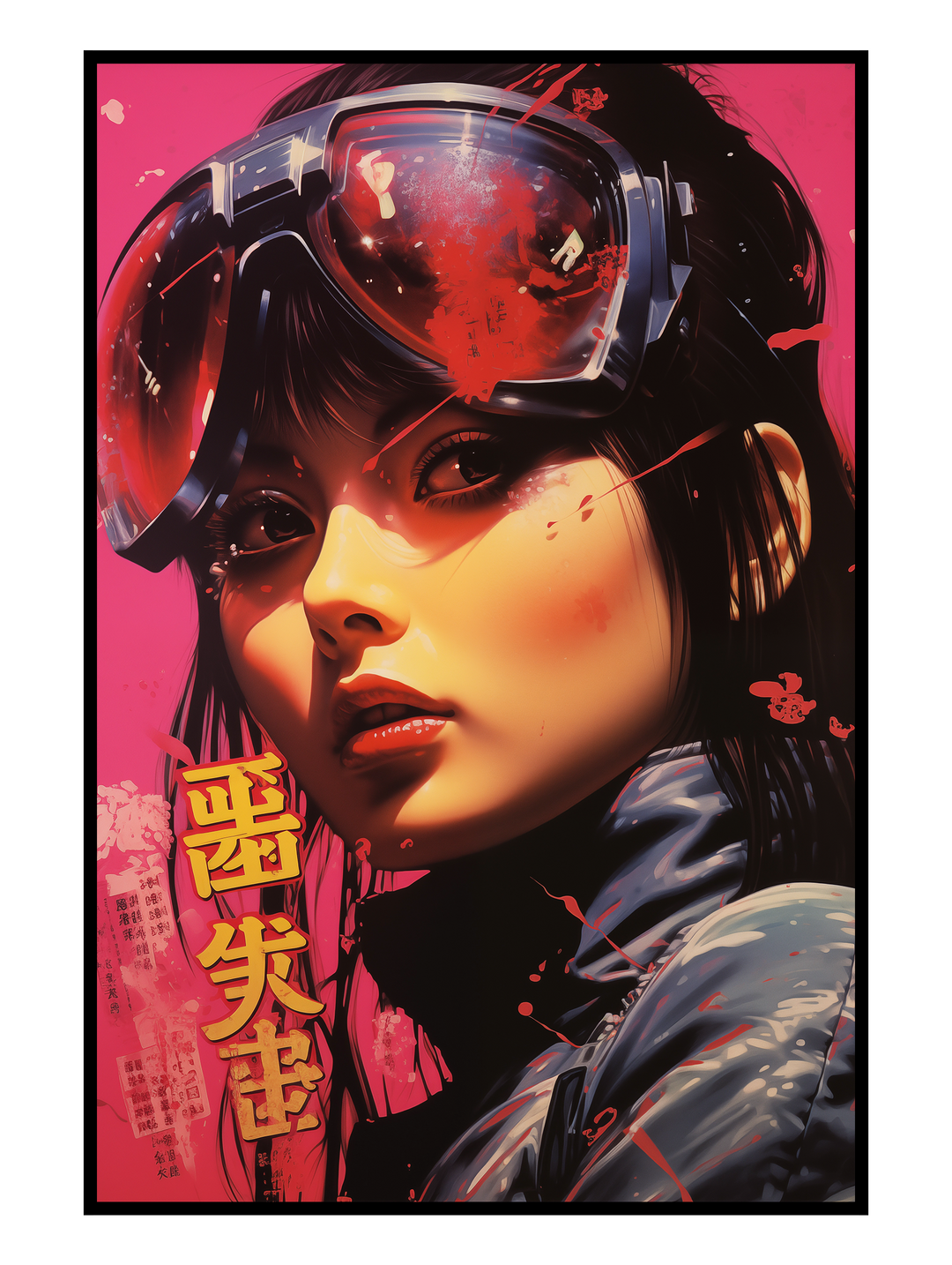 Striking cyberpunk-style portrait of a young woman wearing futuristic goggles, illuminated by intense red and pink neon tones. The artwork features bold Japanese typography, cinematic lighting, and a dystopian sci-fi aesthetic inspired by retro cyberpunk posters and futuristic street culture.
