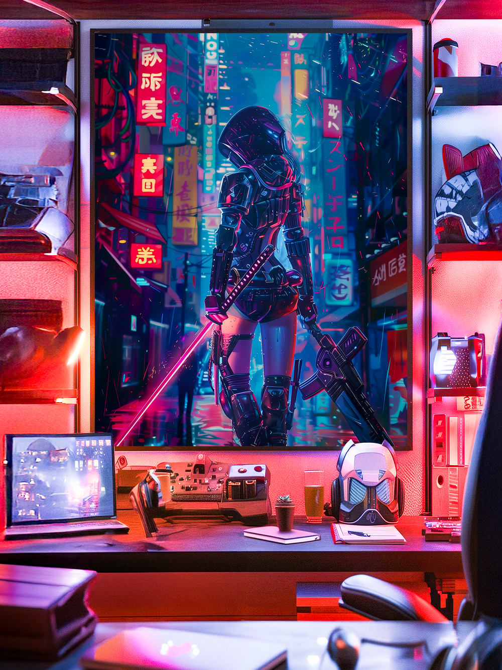Futuristic Japanese cyberpunk wall art featuring a female samurai pilot with helmet and headset, neon splashes, kanji typography, and bold colors. Perfect for gamer room wall decor, anime-inspired interiors, and modern statement art.