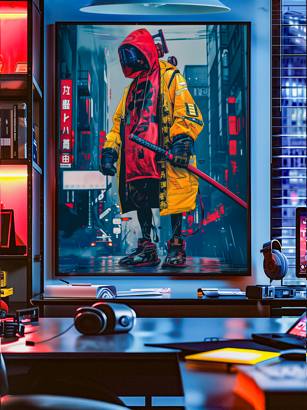 Bold cyberpunk Japanese wall art featuring a futuristic female samurai pilot with helmet, neon red accents, and kanji typography. Perfect poster for gamer rooms, anime-inspired interiors, and modern home decor.
