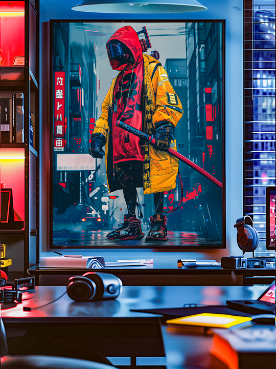 Bold cyberpunk Japanese wall art featuring a futuristic female samurai pilot with helmet, neon red accents, and kanji typography. Perfect poster for gamer rooms, anime-inspired interiors, and modern home decor.
