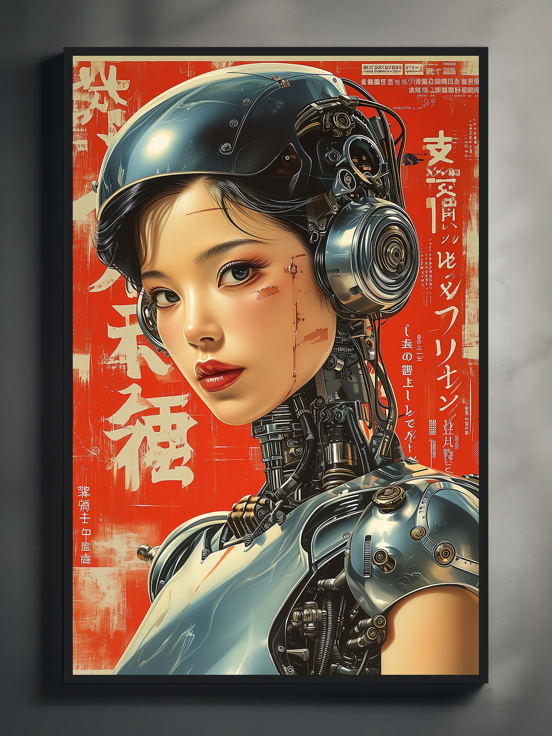 Futuristic cyberpunk portrait of a girl with mechanical neck details, metallic headset, and bold red background filled with Japanese-style lettering and textures.