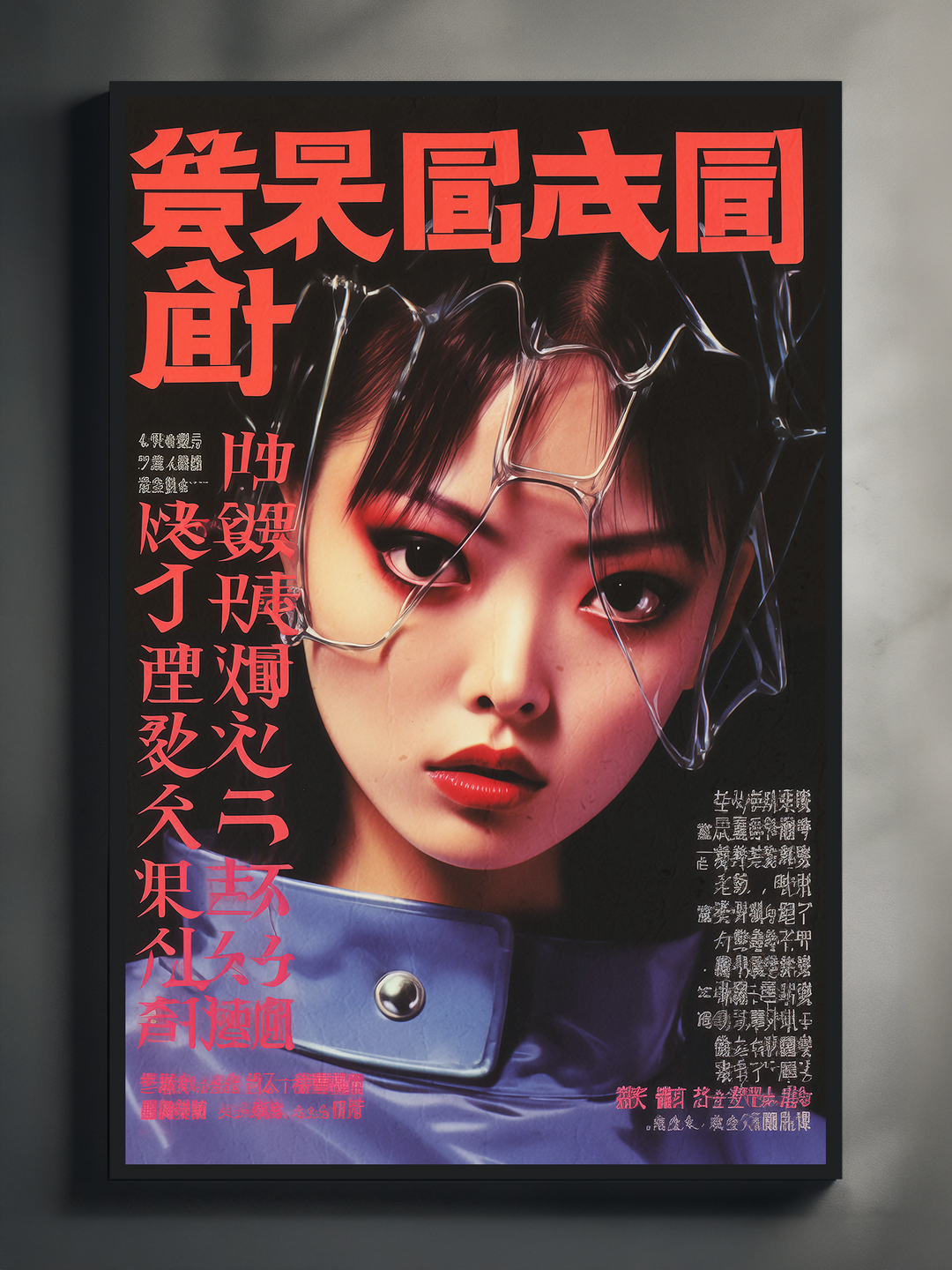 A striking framed poster of a futuristic woman with intense eyes, bold red lips, and chrome wire elements across her face. She wears a shiny blue outfit, and the design features large red Asian text and white vertical writing on a black background. The poster is mounted on a wall with dramatic lighting, highlighting the high-fashion, dystopian magazine-style aesthetic.
