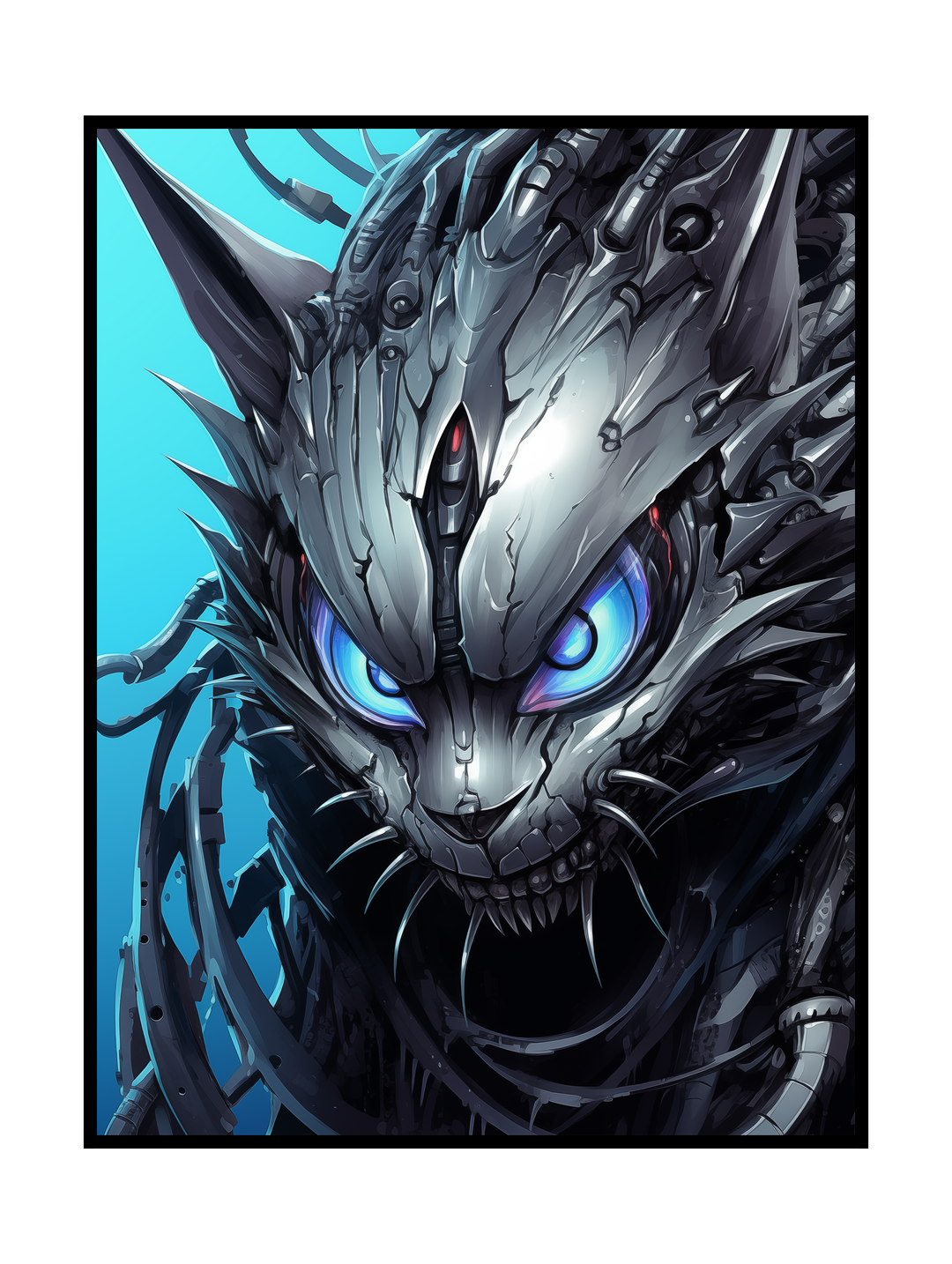 Futuristic wall art poster featuring a highly detailed mechanical wolf with sharp metallic armor, glowing blue eyes, and exposed cybernetic elements. The robotic wolf design blends sci-fi aesthetics with animal power, using cool blue and steel tones to create an intense, high-tech look. Cyberpunk animal wall art designed as a bold sci-fi poster for modern interiors, gaming rooms, and futuristic decor spaces.