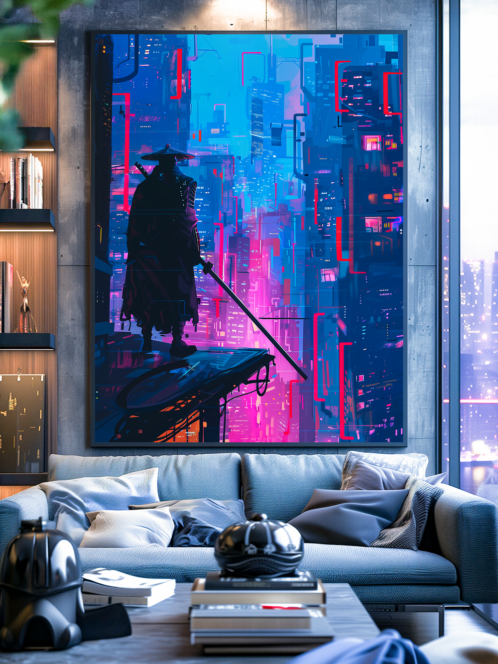 A lone samurai stands overlooking a vivid neon-lit city in a futuristic cyberpunk world. This digital wall art merges traditional Japanese warrior aesthetics with glowing sci-fi urban environments, featuring high-contrast neon blues, purples, and pinks. Ideal for fans of cyberpunk, neon art, and samurai-inspired decor.