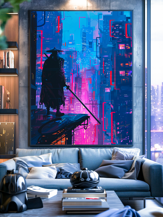 A lone samurai stands overlooking a vivid neon-lit city in a futuristic cyberpunk world. This digital wall art merges traditional Japanese warrior aesthetics with glowing sci-fi urban environments, featuring high-contrast neon blues, purples, and pinks. Ideal for fans of cyberpunk, neon art, and samurai-inspired decor.