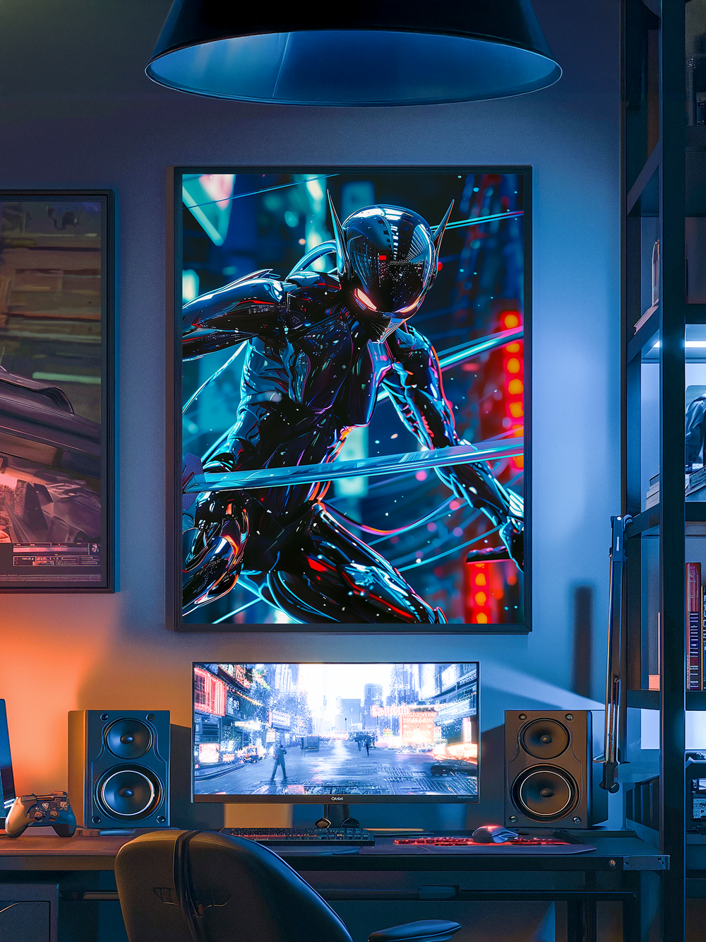 A dynamic sci-fi poster featuring a cybernetic ninja in black armor is mounted above a modern gaming desk. The room is lit with blue and red ambient lighting, creating a futuristic mood. The setup includes a curved monitor displaying a neon cityscape, dual speakers, a gaming controller, and a sleek black chair. Bookshelves and tech gear add to the immersive atmosphere, with the artwork seamlessly integrated into the high-tech room design.
