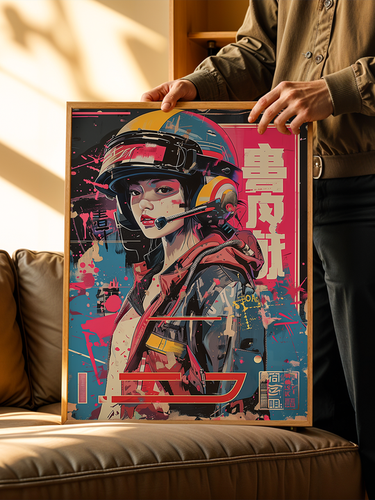 Framed cyberpunk female pilot artwork being held in a warm, sunlit living room, with a casual modern interior, soft leather sofa, and natural wooden details.